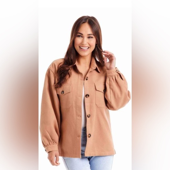 Mud Pie Jackets & Blazers - NWT Mudpie Tan Felt Shacket Button Down Oversized Relaxed Cozy Winter Size Small